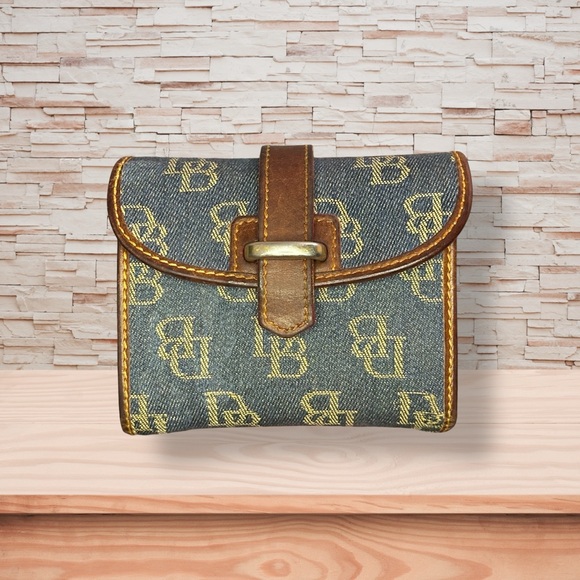 Dooney & Bourke Handbags - Vintage Dooney & Bourke Navy Blue Monogram Denim/Leather Billfold Wallet